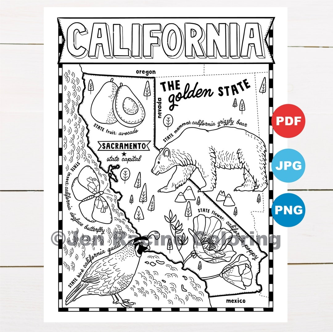 California Coloring Page United States State Map Wildlife State Symbols Flowers Coloring Pages Etsy