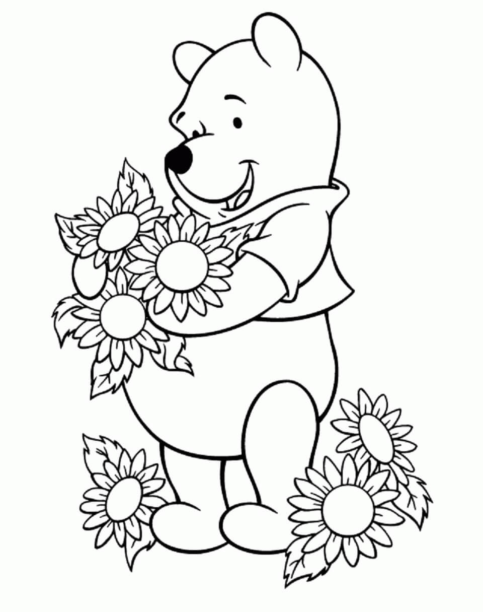 Cheerful Winnie The Pooh Is Carrying Sunflowers Coloring Page Download Print Or Color Online For Free