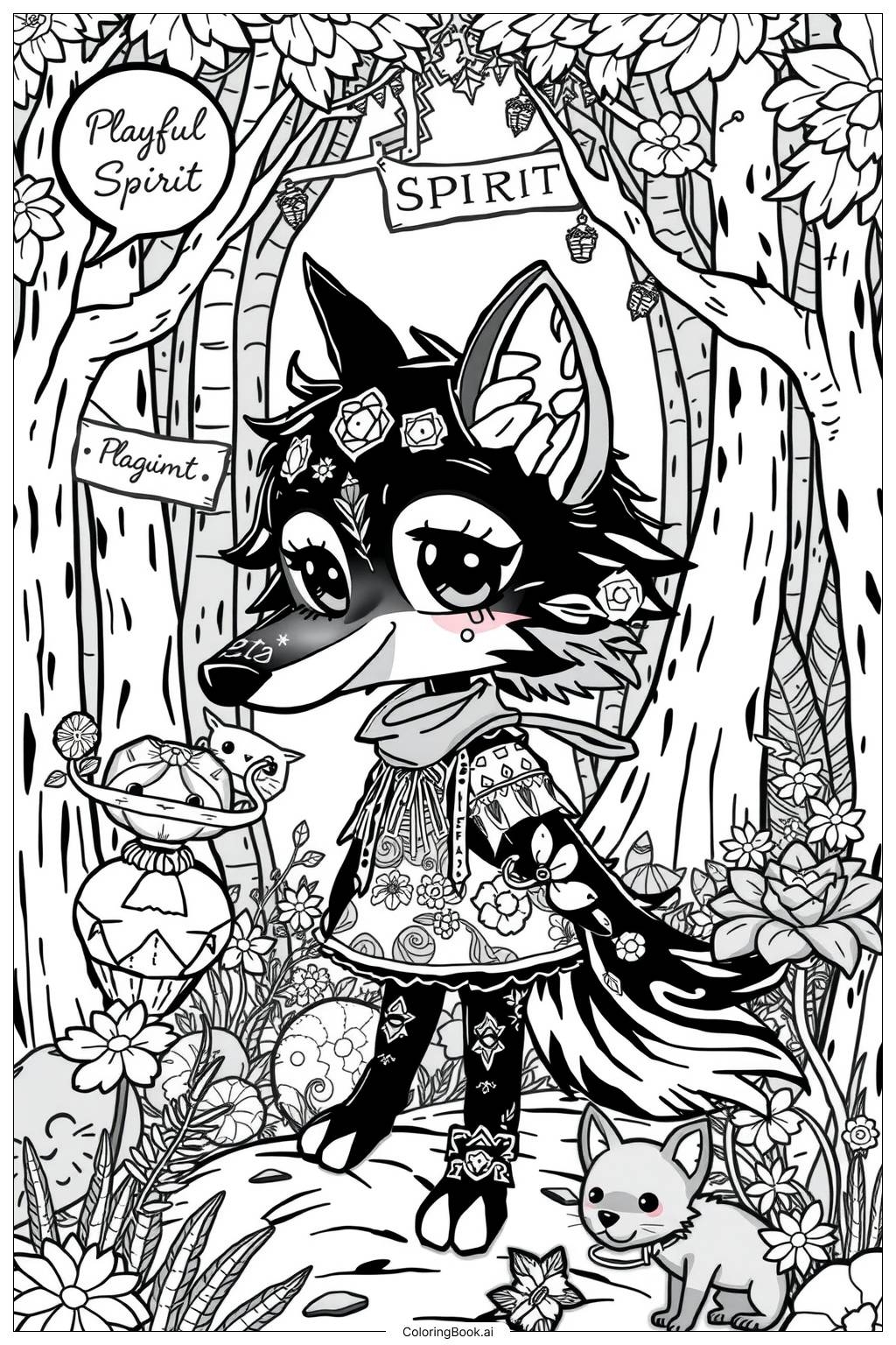 Cute Wolf Girl Coloring Page Free PDF PNG Printable 