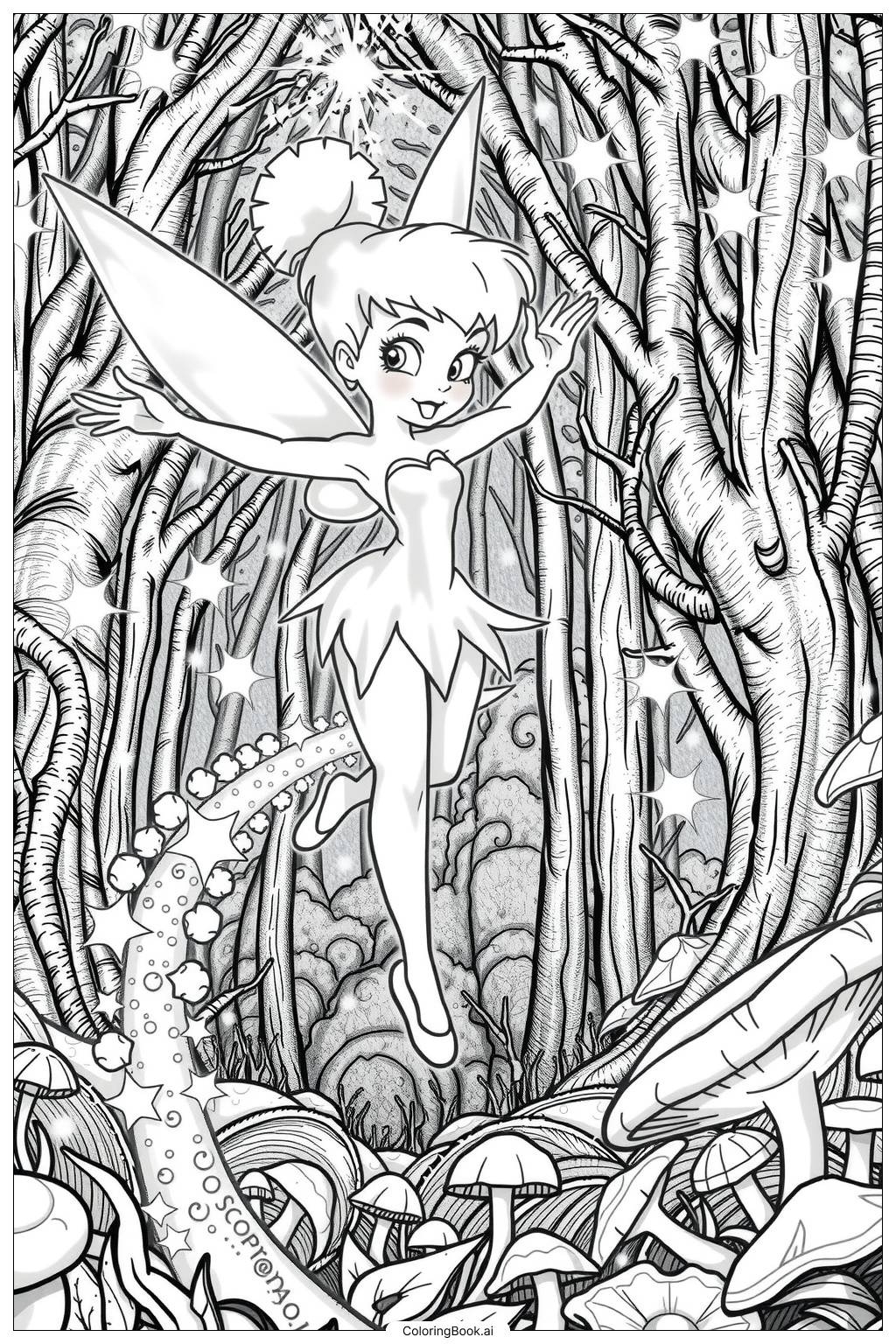 Disney Tinkerbell Flying Through A Magical Forest 2 Coloring Page Free PDF PNG Printable 