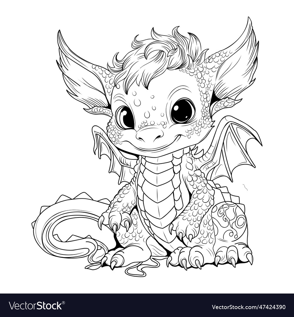 Dragon Coloring Book Page Simple Line Royalty Free Vector