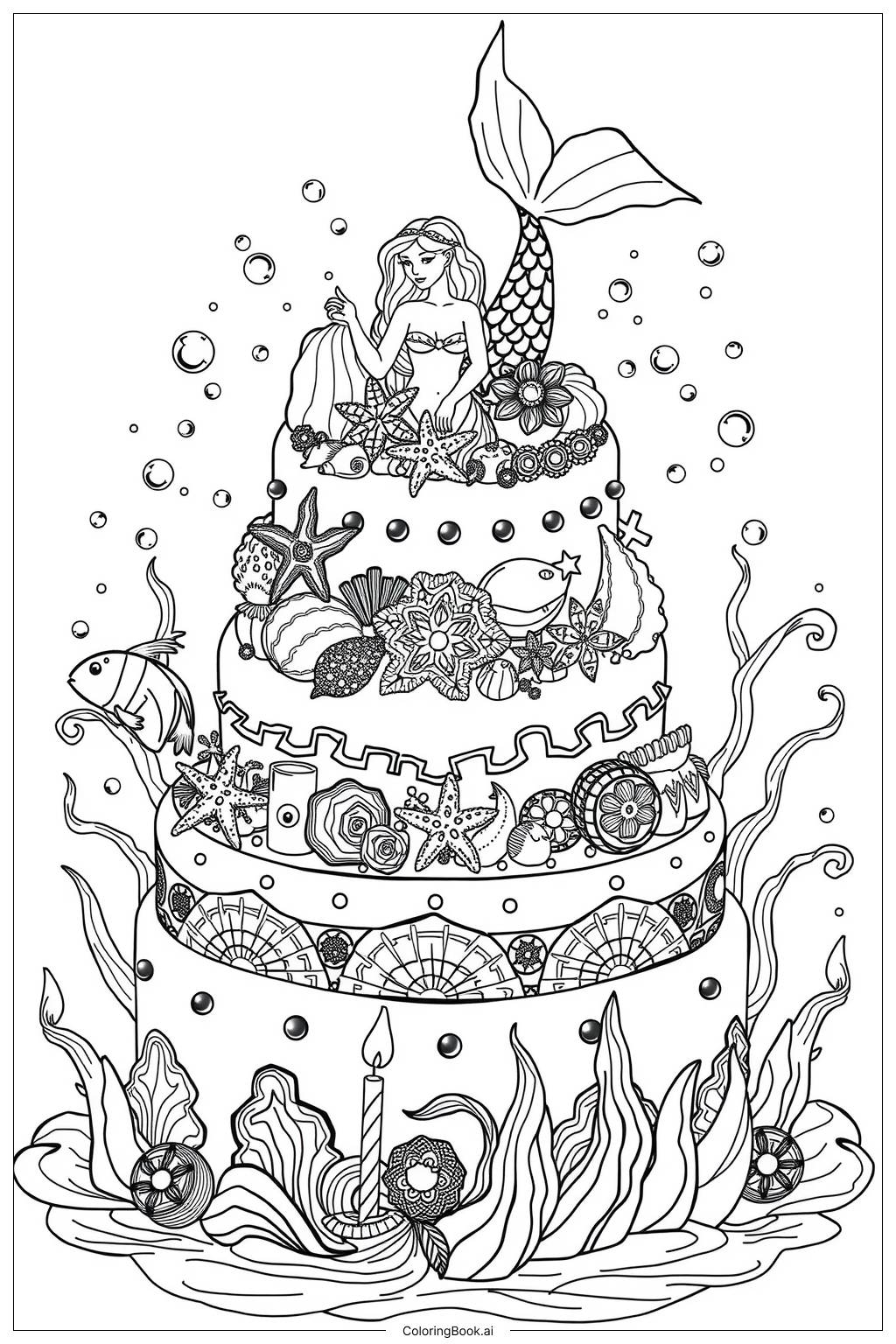 Mermaid Birthday Cake Coloring Page Free PDFu0026PNG Printable 