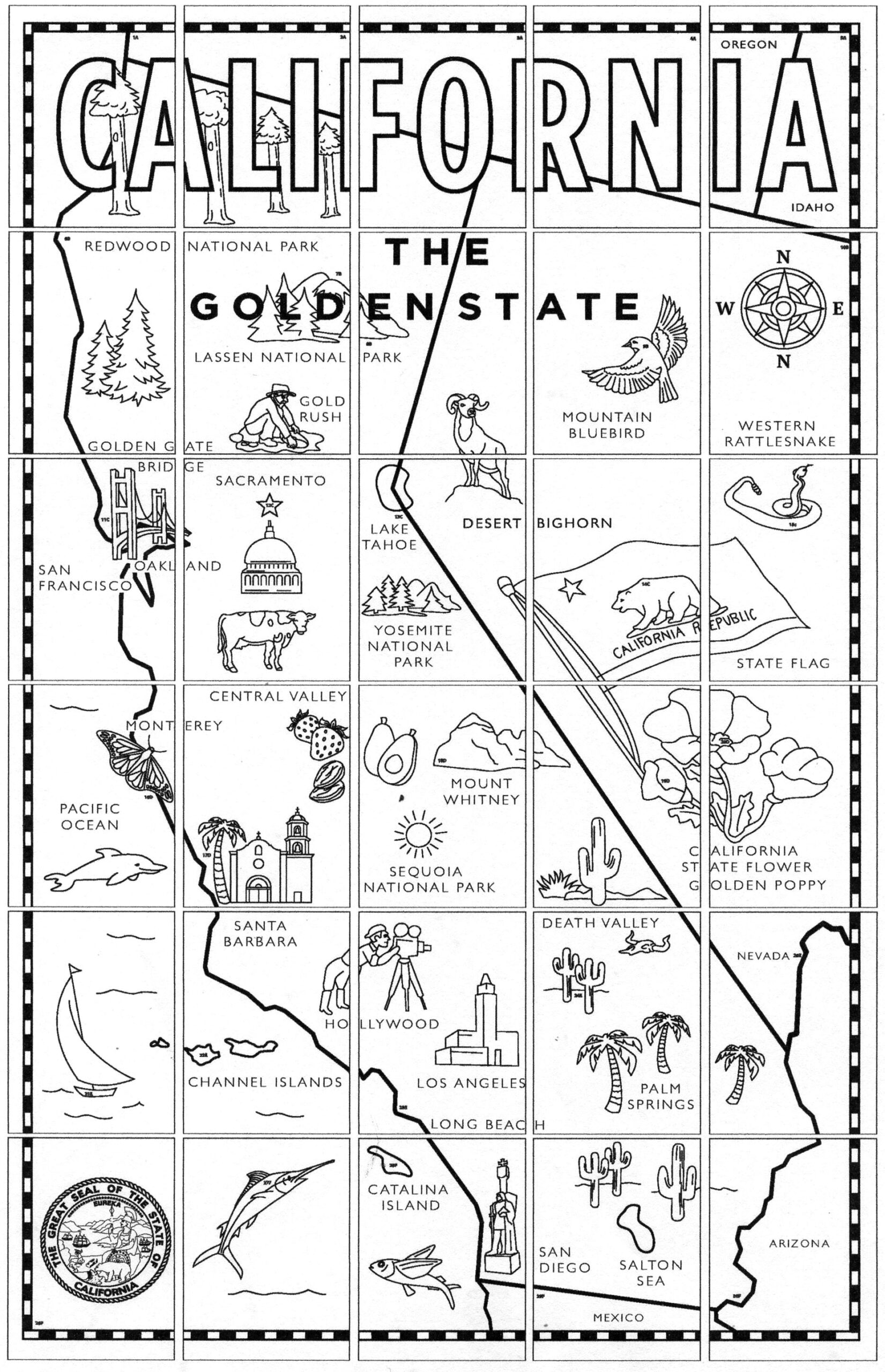 Printable Coloring Map Of California For Kids With Landmarks