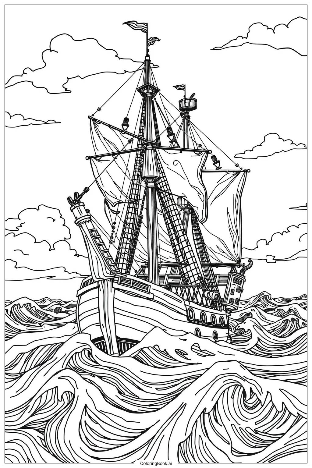 Simple Pirate Ship Sailing Coloring Page Free PDF PNG Printable 