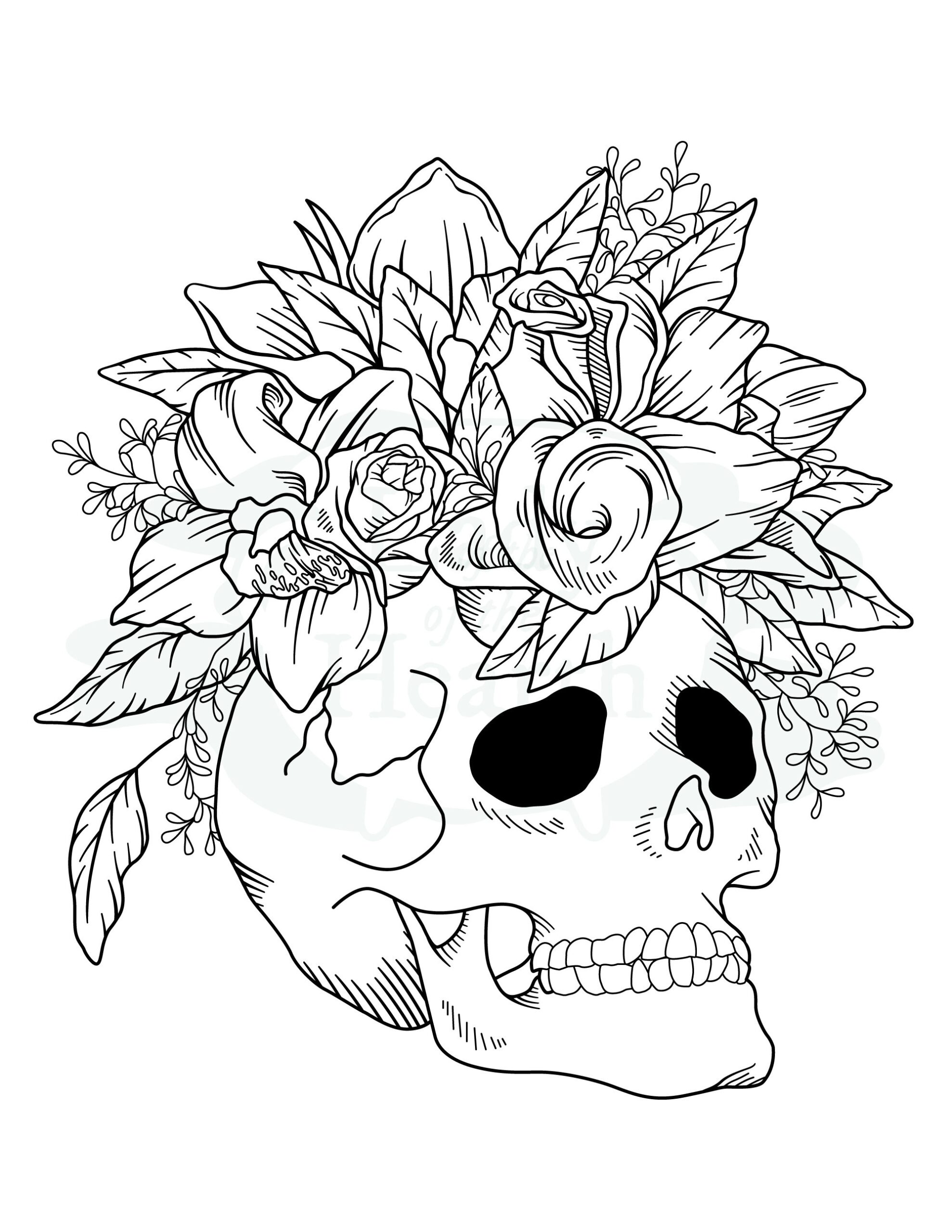 Skull With Flowers Printable Coloring Page Etsy UK