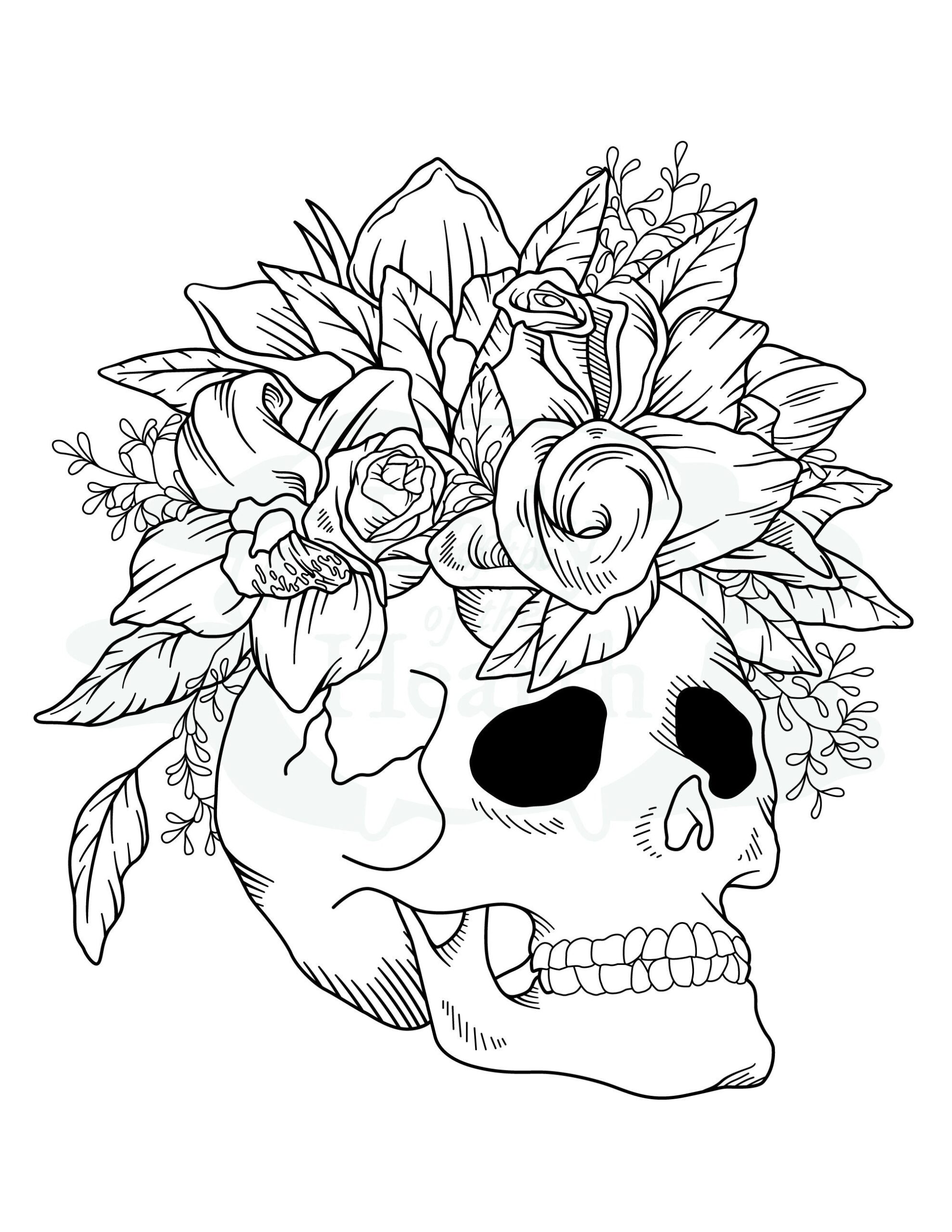 Skull With Flowers Printable Coloring Page Instant Download Etsy Canada