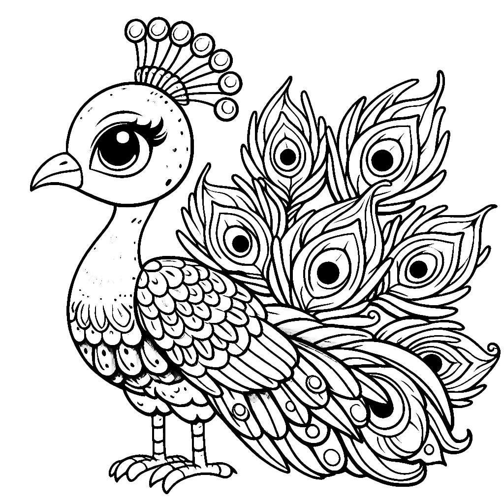 Small Peacock Male Peafowl Halfopen Feathers Coloring Page