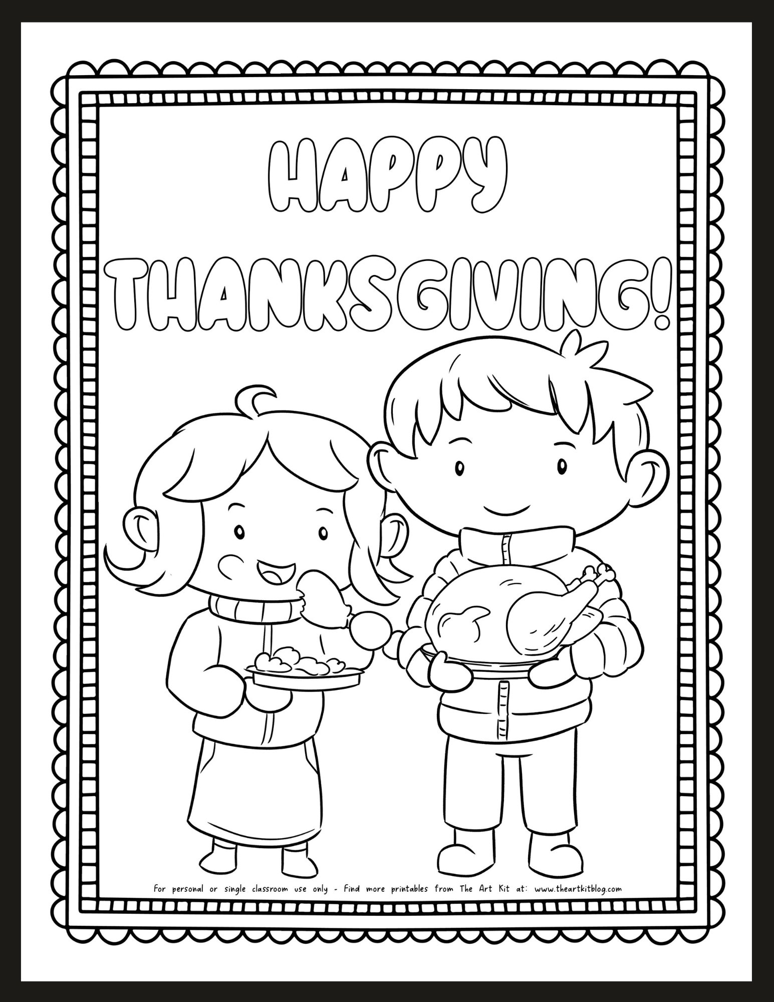 Thanksgiving Kids With Dishes Of Food Coloring Page Free Printable The Art Kit