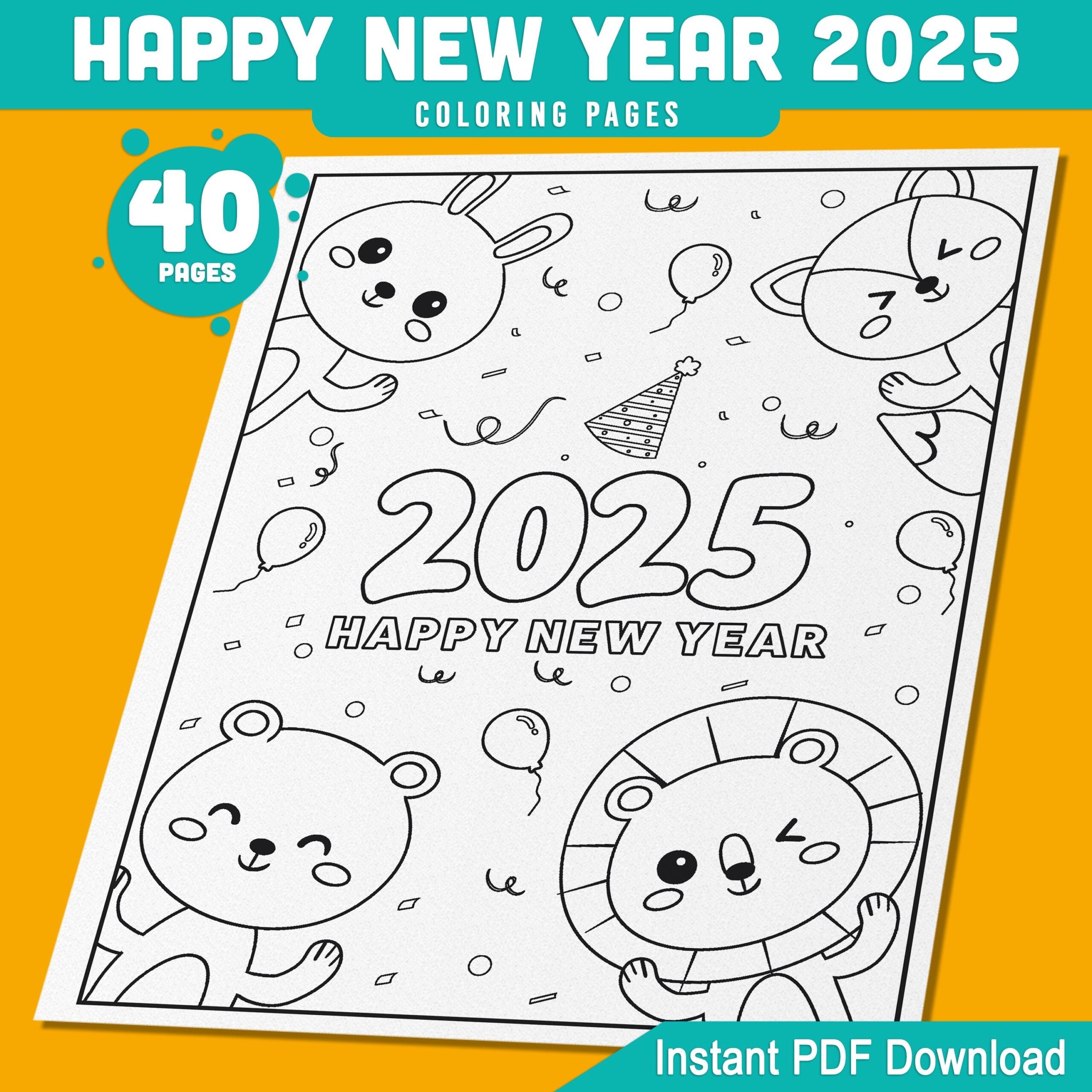 2025 Happy New Year Coloring Pages For Kids 40 Funny Animal 