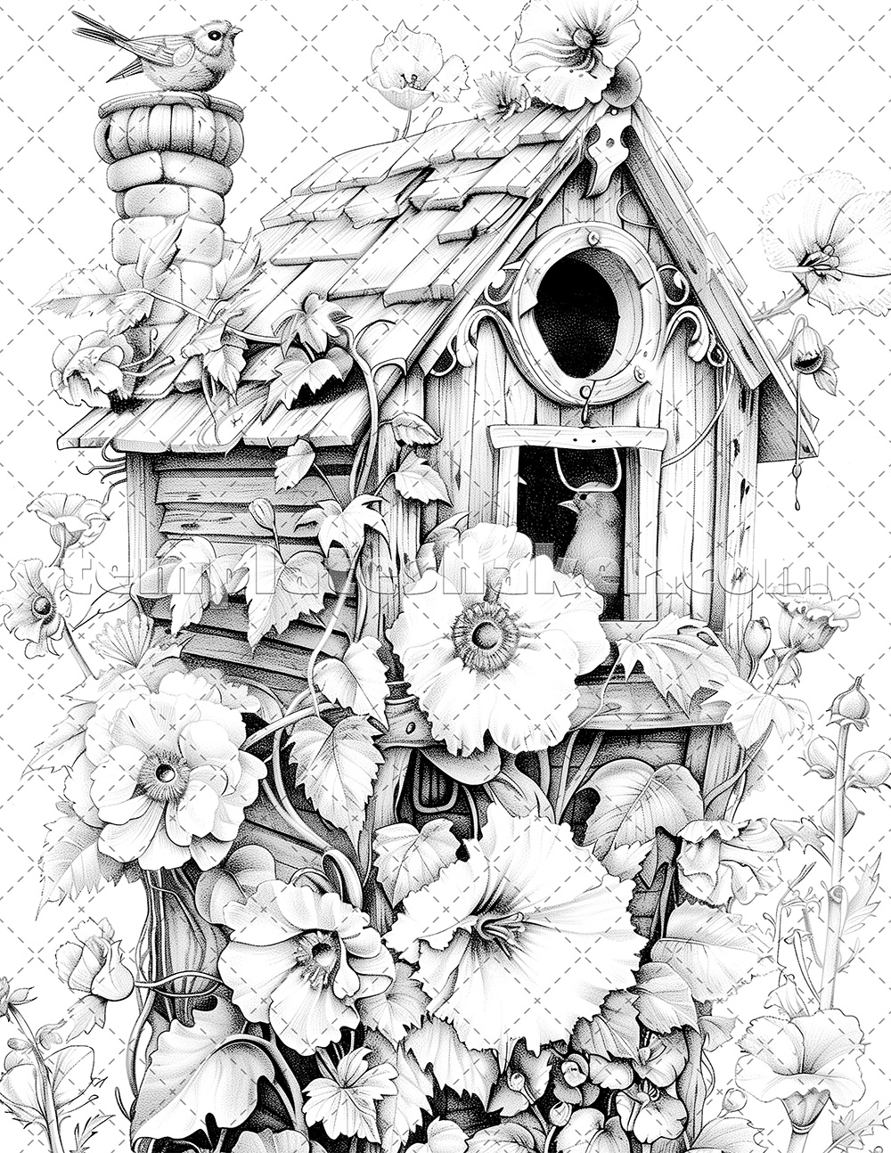 30 Fantasy Bird Houses Coloring Pages Printable Grayscale 2 PDF Files Dark Light Template Shaker