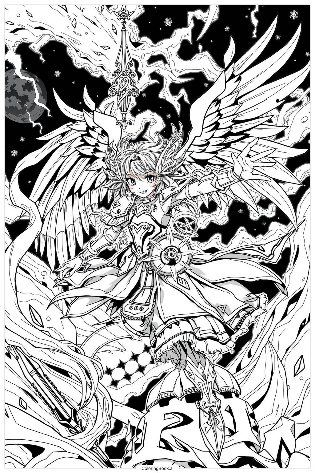 Anime Angel Warrior Battle Coloring Page Free PDF PNG Printable 