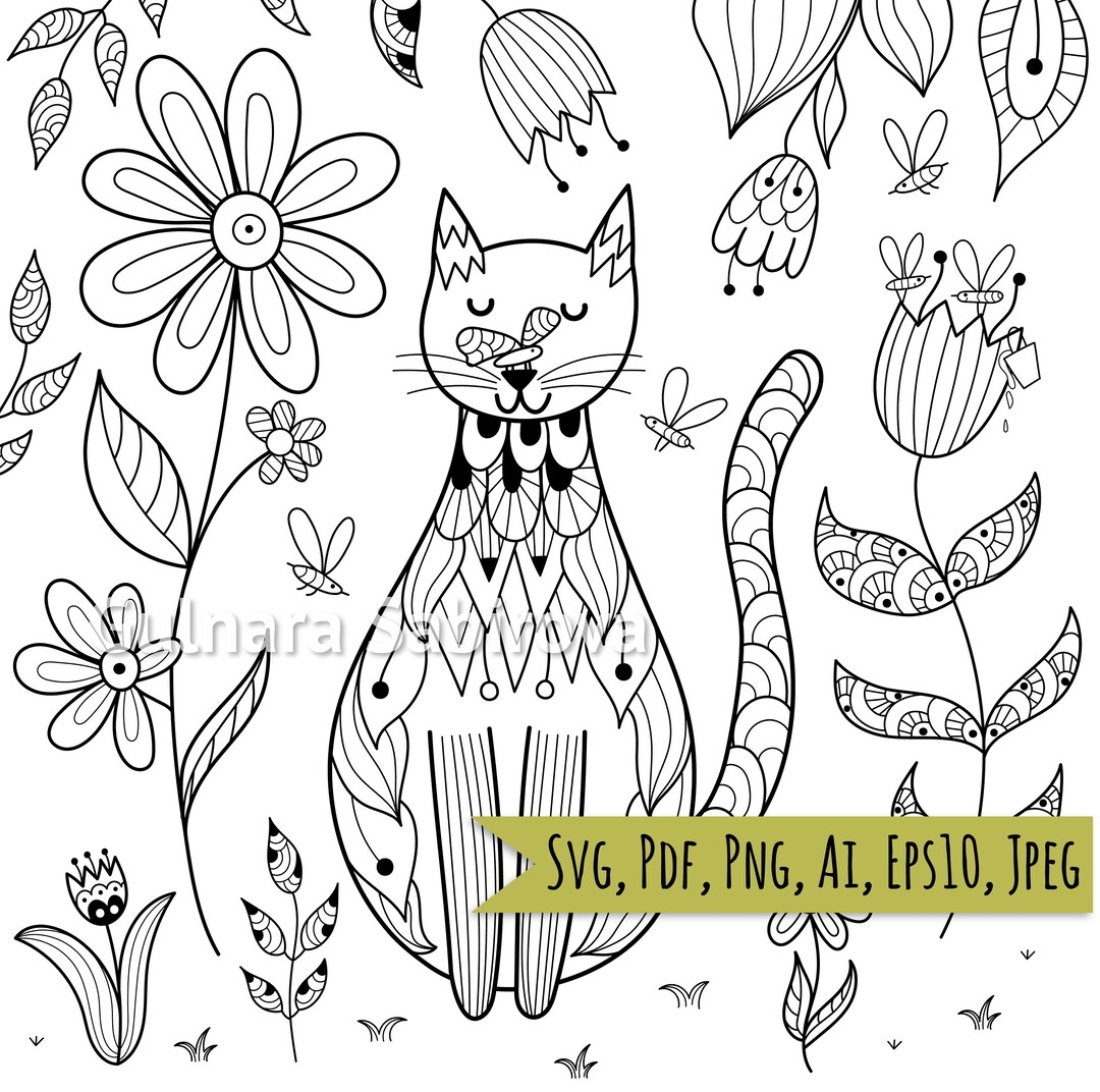Cat Coloring Page PDF Adult Coloring Page Png Jpeg AI Eps Printable Coloring Page For Kids Etsy Canada