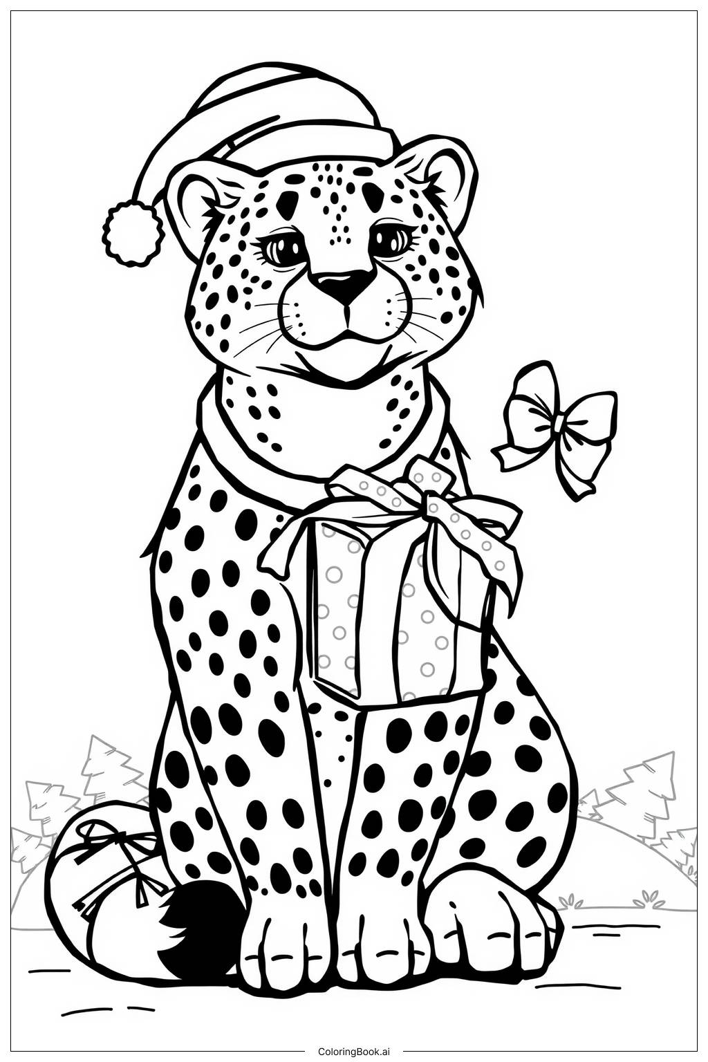 Cheetah Christmas Gift Coloring Page Free PDF PNG Printable 