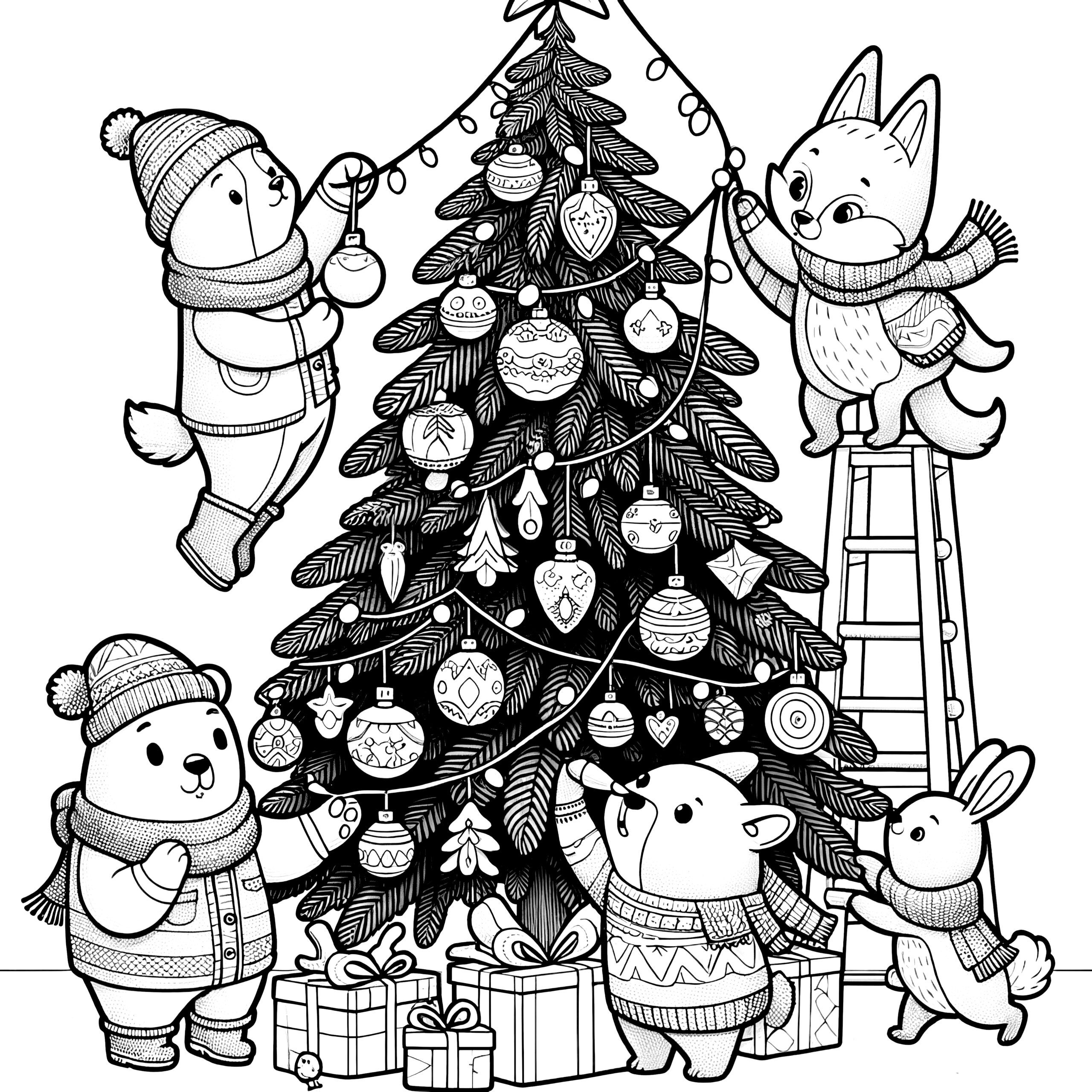 Christmas Tree With Animals Free Coloring Page