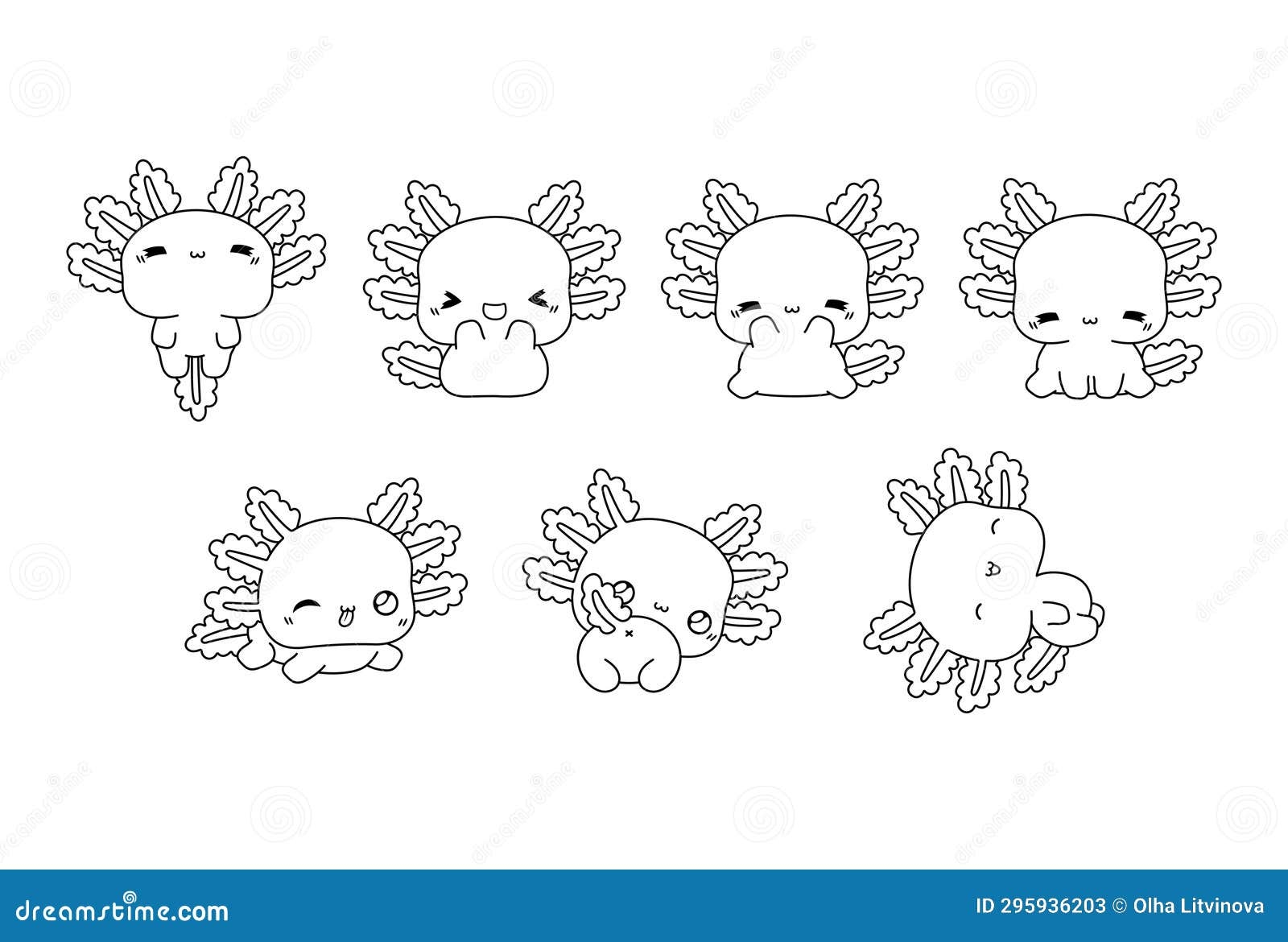 Collection Of Vector Cartoon Axolotl Coloring Page Set Of Kawaii Isolated Animal Outline For Stickers Baby Shower Stock Vector Illustration Of Painting Exotic 295936203