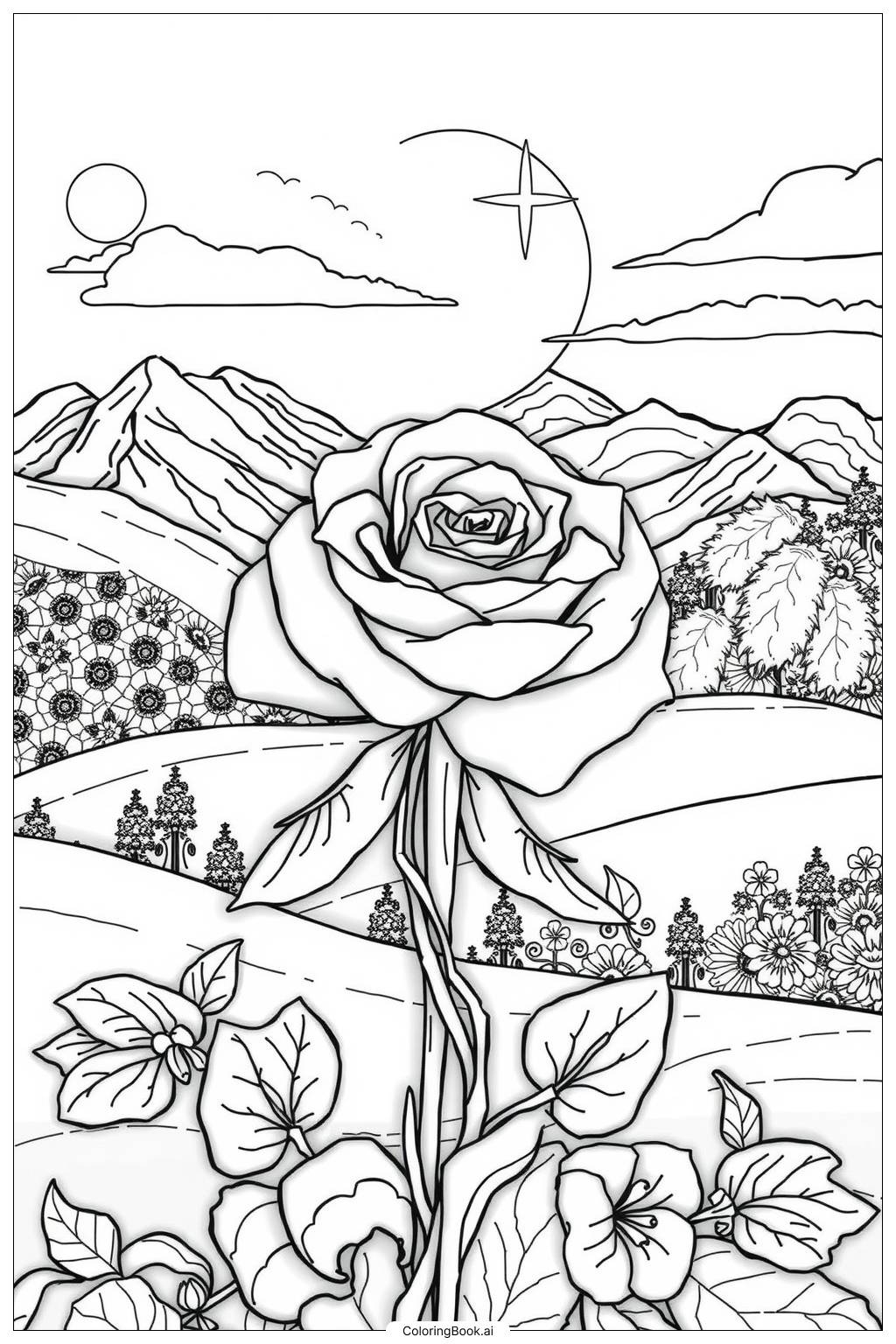 Cross Rose Design Coloring Page Free PDF PNG Printable 
