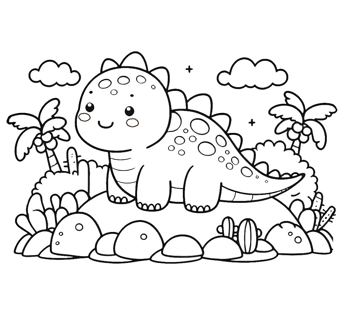 Cute Dinosaur On Island Coloring Page