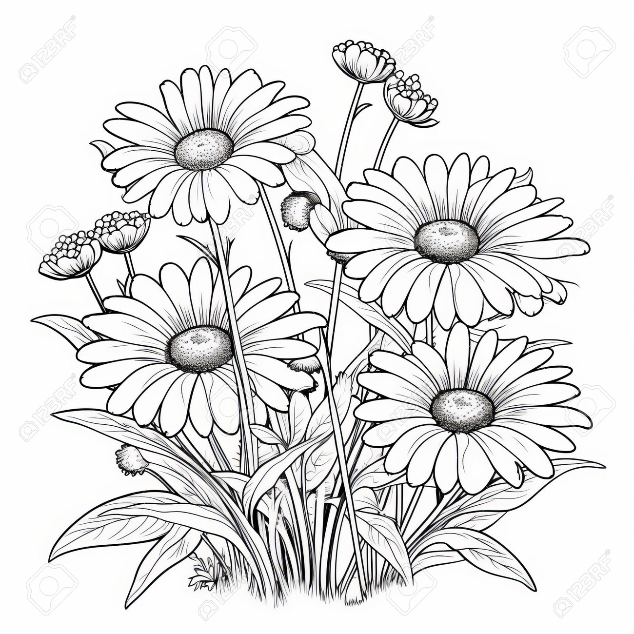 Daisy Coloring Pages For Kids Featuring A Flower Collection That Is Free To Print The Pages Showcase A Garden With Wavy Lines And Detailed Botanical Illustrations In A Sketch like Style The Collection