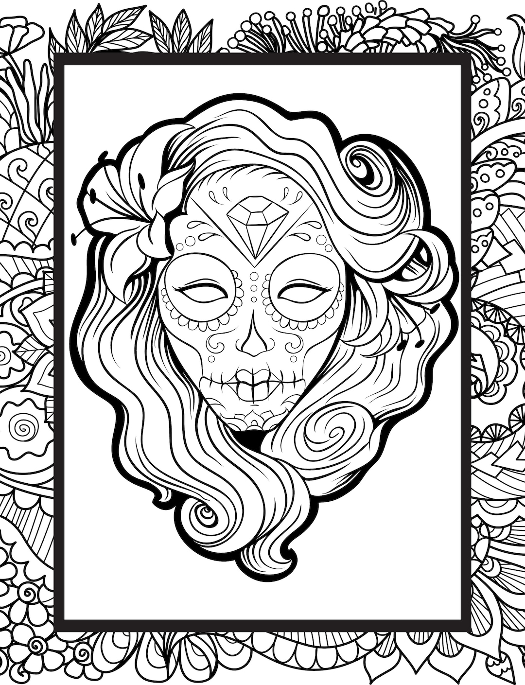 Day Of The Dead Mexican Skull Color Page Female Sugar Skull Coloring Page For Adults Halloween Free Download Print 8 5 X 11 At Home Etsy