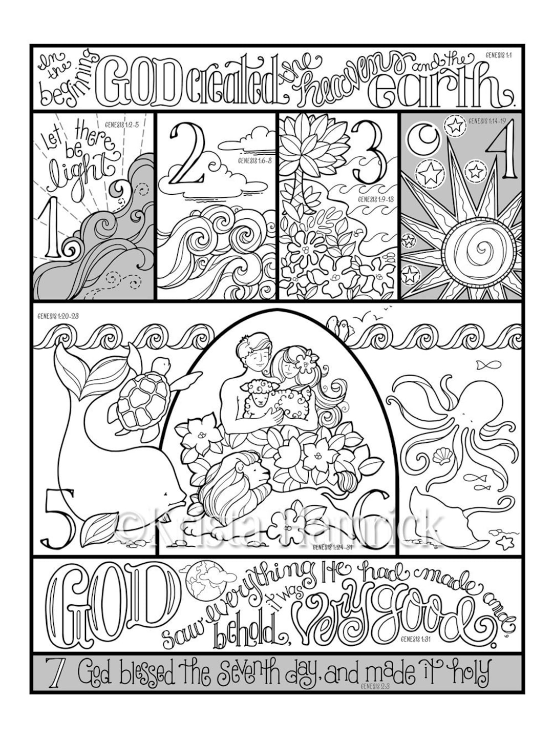 Days Of Creation Coloring Page In Three Sizes 8 5X11 8X10 Suitable For Framing 6X8 For Bible Journaling Tip in