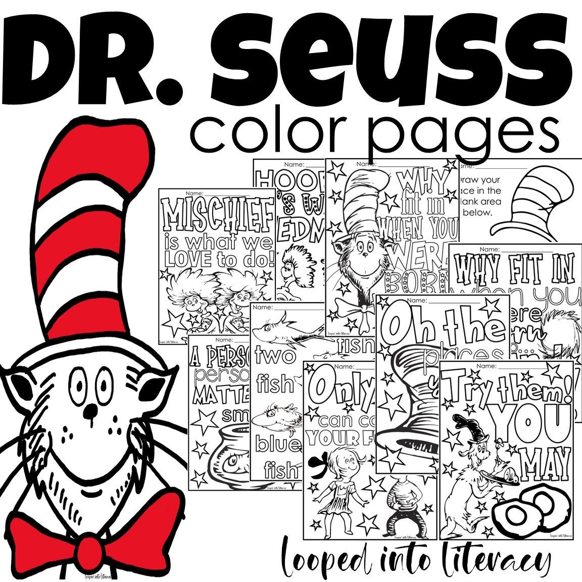 Dr Seuss Read Across America Week Cat In The Hat Color Pages Etsy