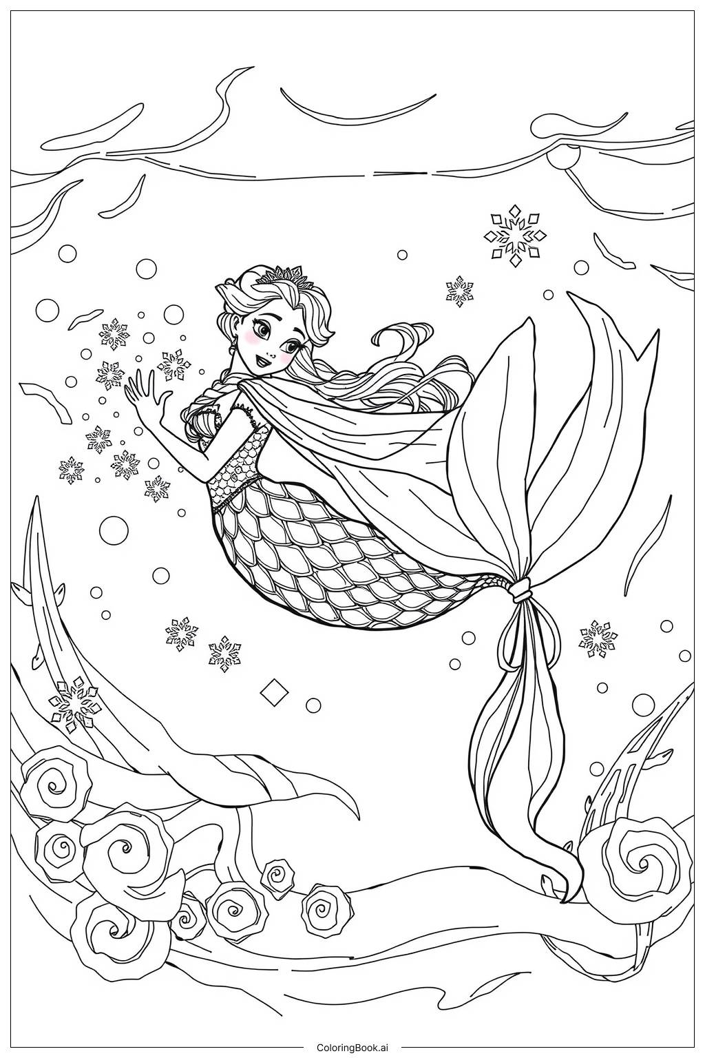 Elsa Mermaid Swim Coloring Page Free PDF PNG Printable 
