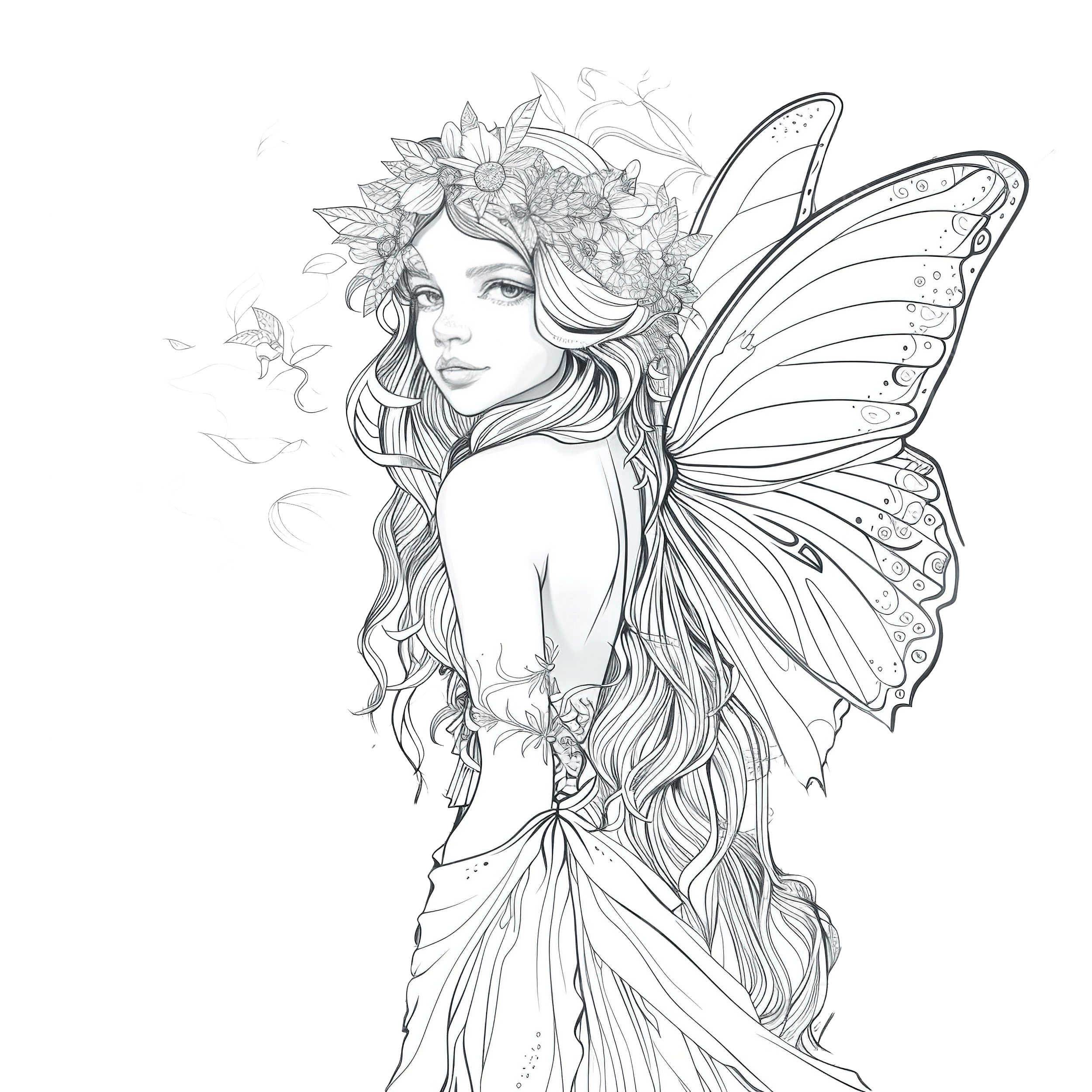 Fairy Adults Coloring Page Line Art Fantasy Angel Fairytale PNG 