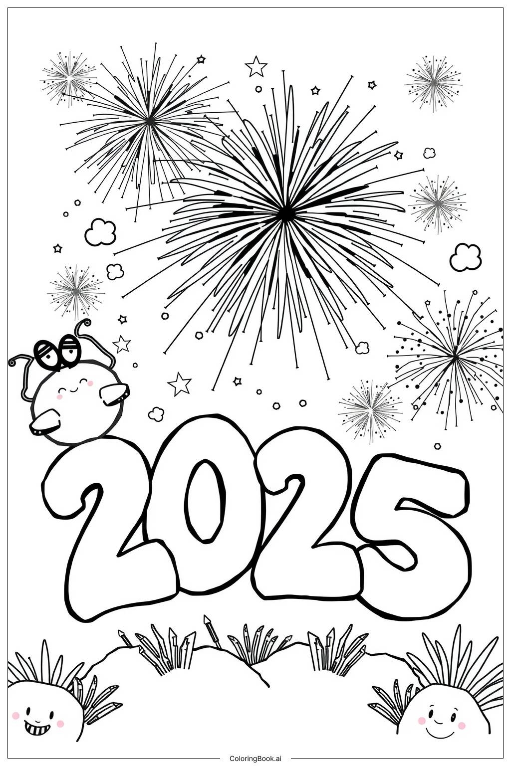 Fireworks With 2025 Bubble Words Coloring Page Free PDF PNG Printable 