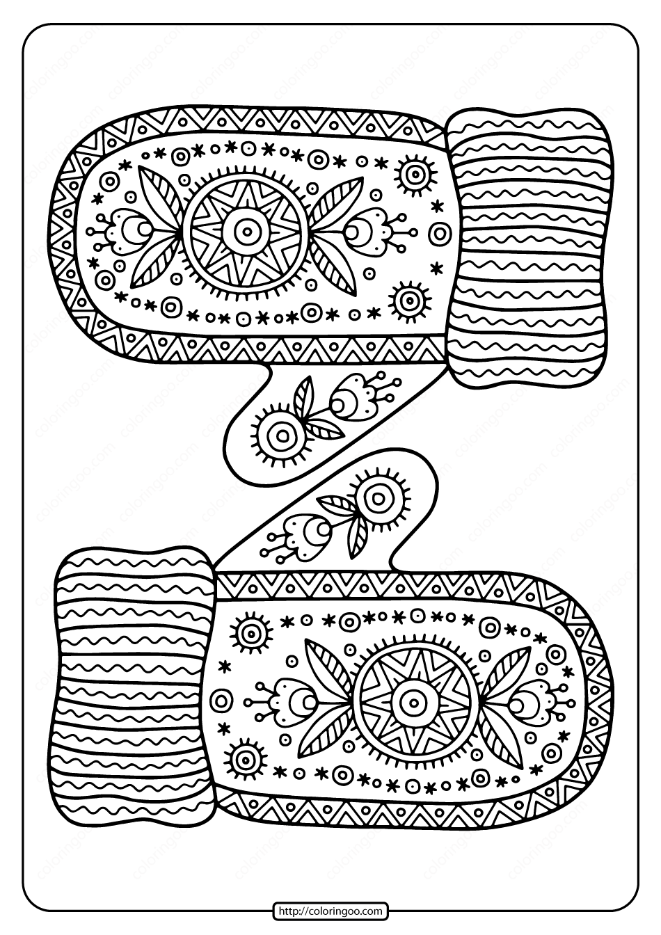 Free Printable Warm Knitted Mittens Coloring Page