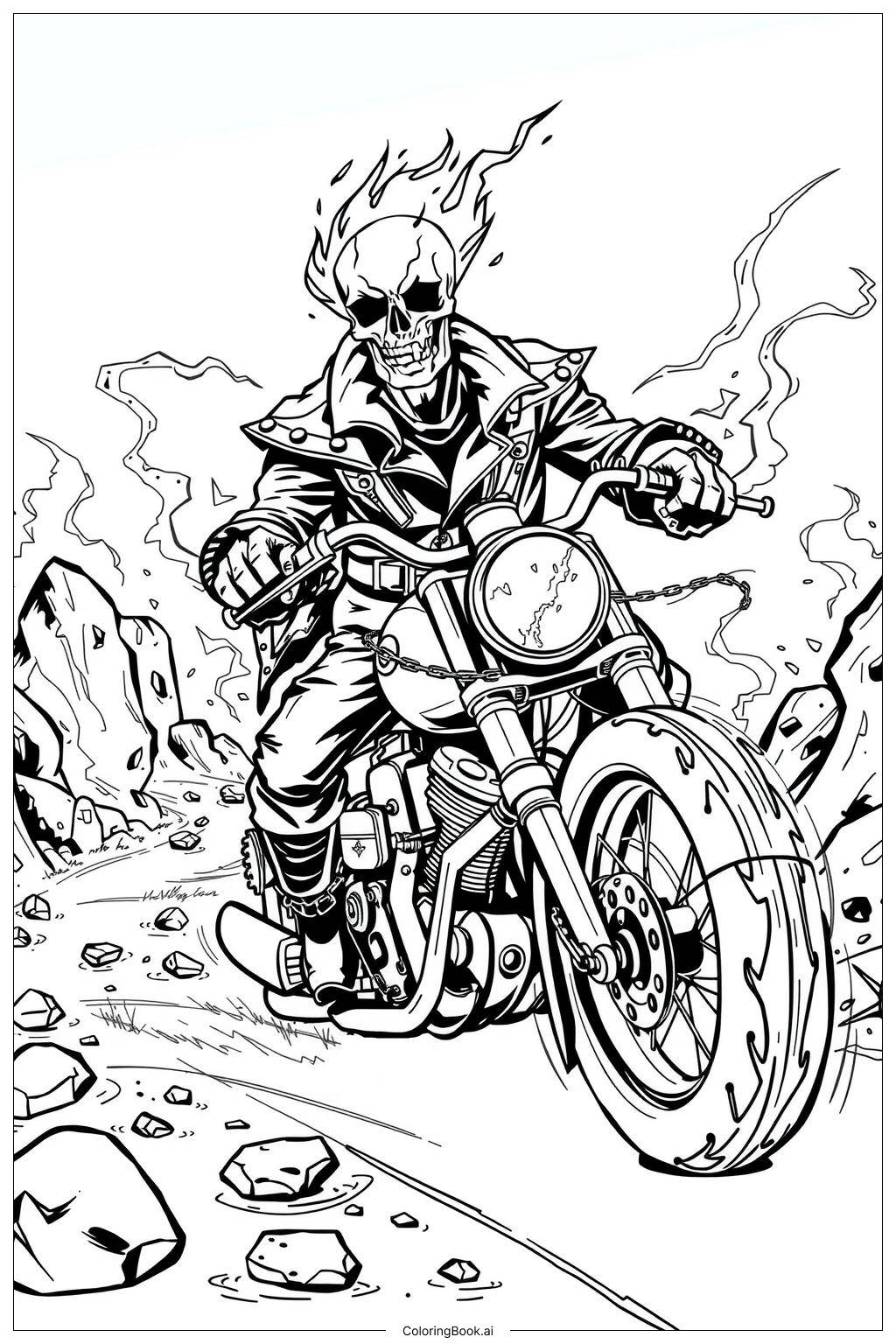 Ghost Rider On A Flaming Motorcycle 2 Coloring Page Free PDF PNG Printable 