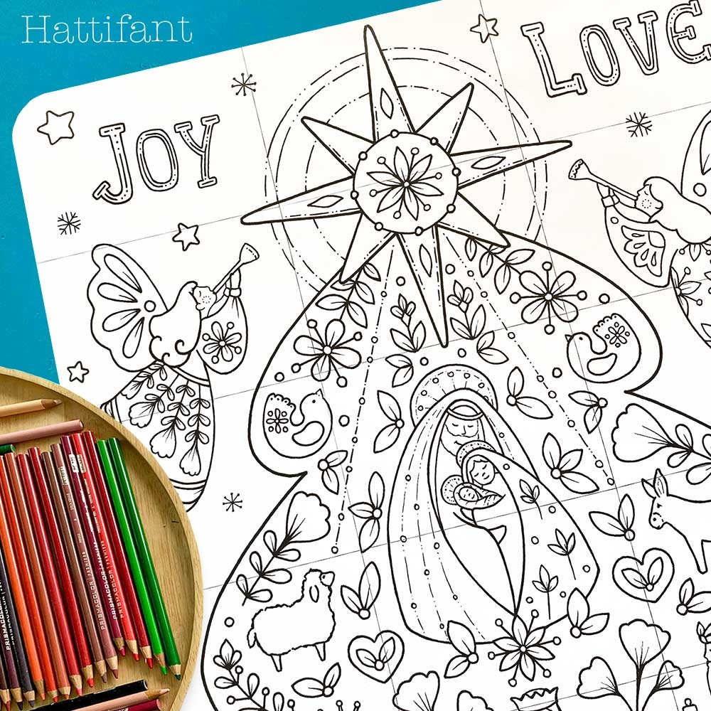 GIANT Poster Christmas Tree Nativity To Color Hattifant