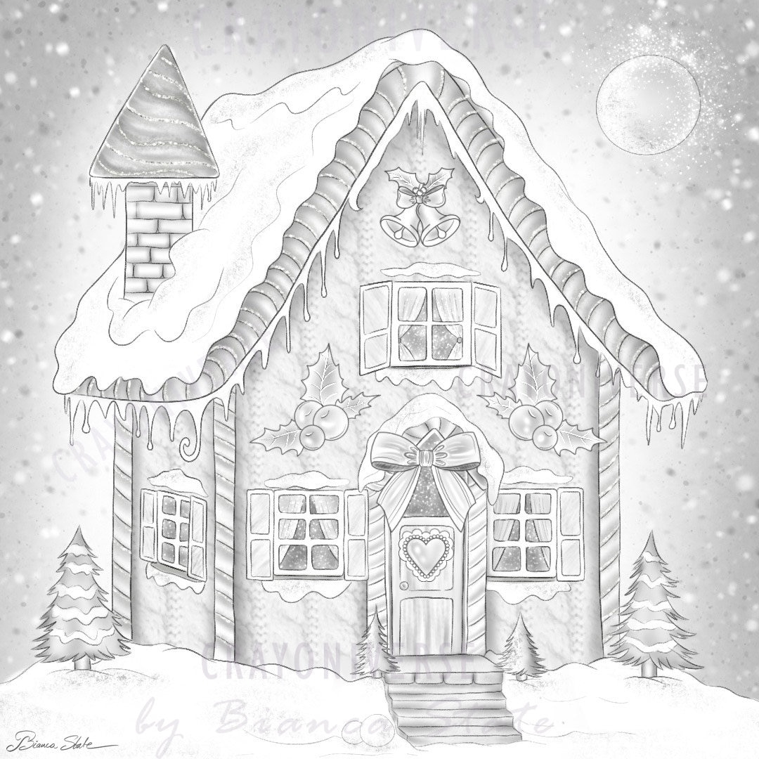 Gingerbread House Coloring Page Instant Download Printable File Hand Made Grayscale Illustration Bianca State Christmas Etsy UK