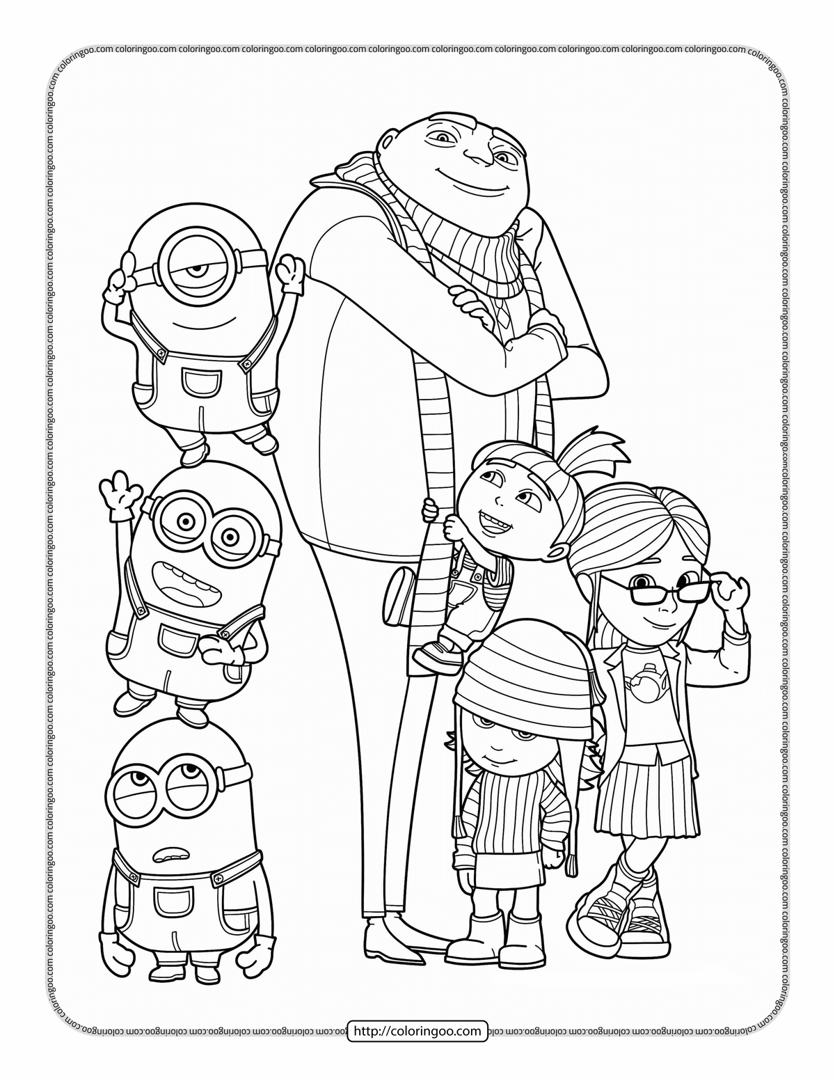 Gru With Minions And Foster Girls Coloring Page