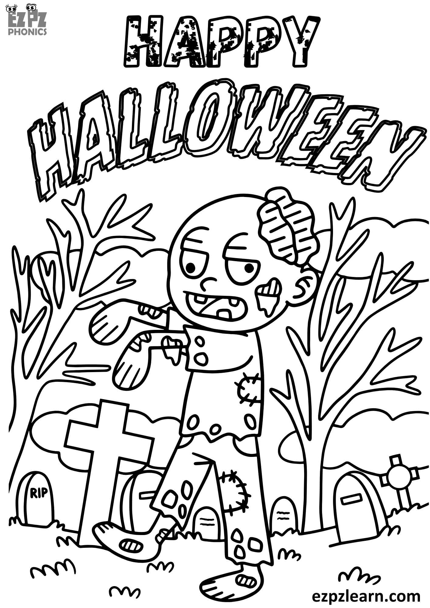 Happy Halloween Coloring Page Zombie Free Printable PDF Download 