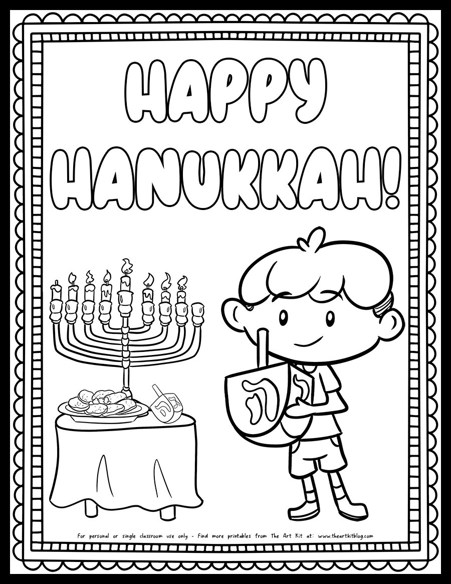 Happy Hanukkah Boy Holding Dreidel Coloring Page Free Printable The Art Kit