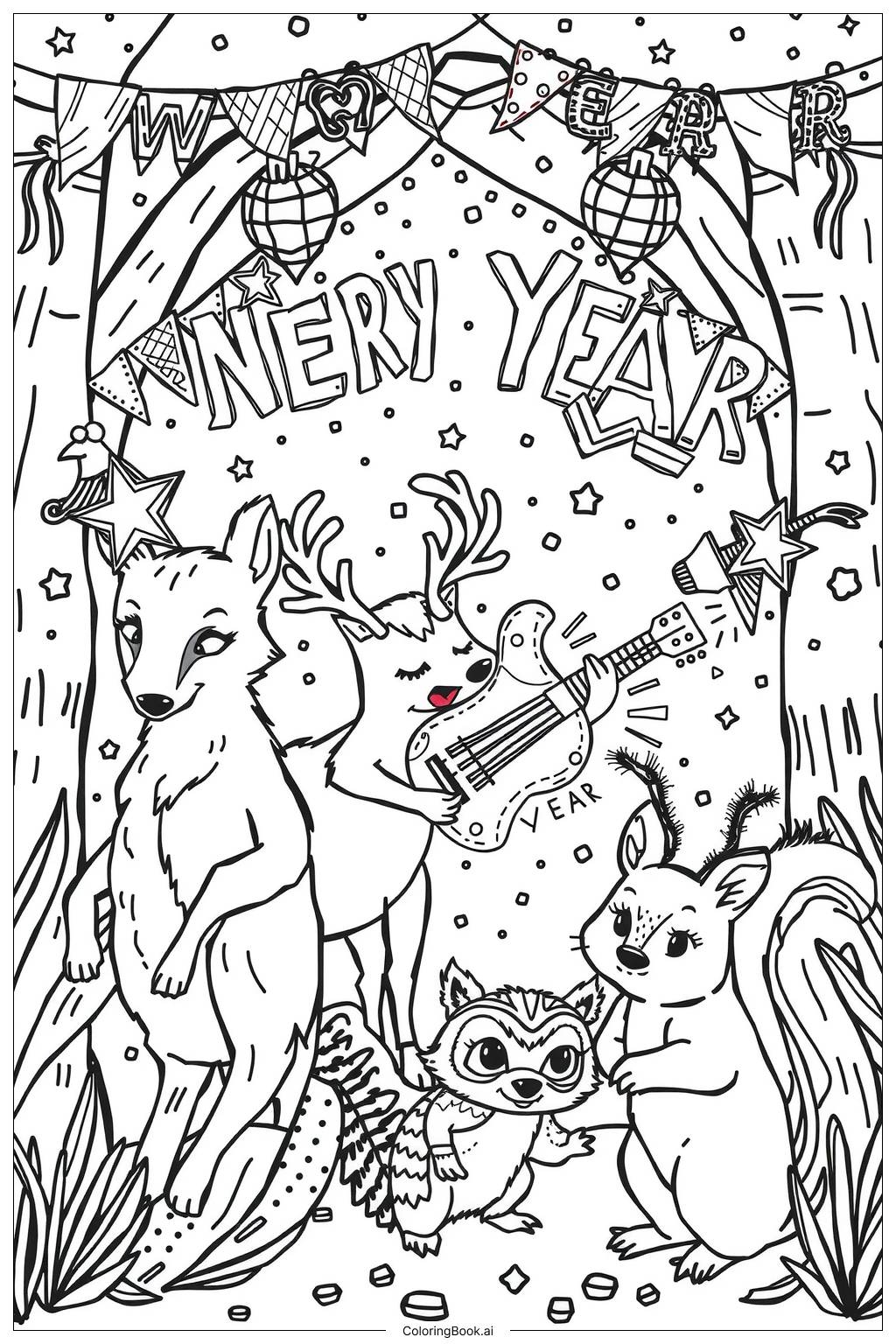 Happy New Year Party Animals 2 Coloring Page Free PDF PNG Printable 