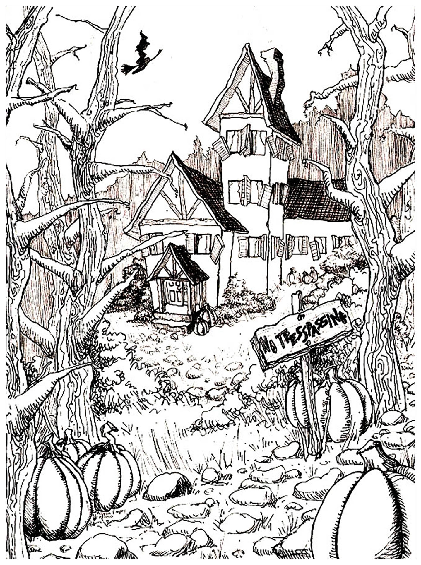 Haunted House And Pumpkins Halloween Coloring Pages For Adults