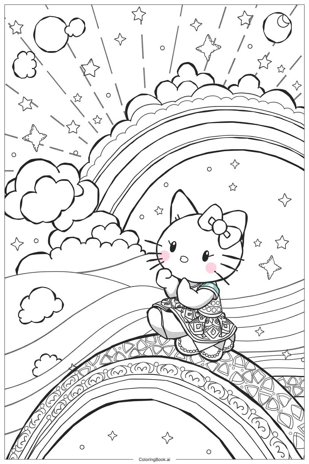 Hello Kitty Sitting On A Rainbow Coloring Page Free PDF PNG Printable 