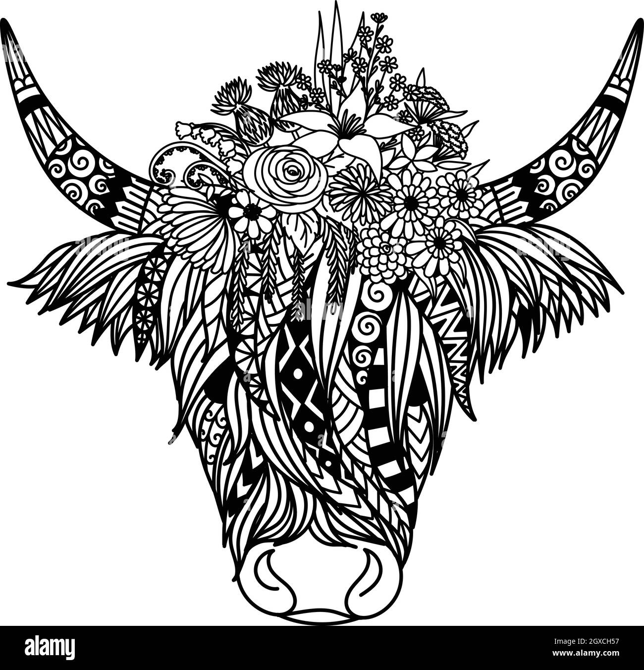 Highland Cow With Flowers Design For Coloring Book coloring Page T Shirt Design And So On Vector Illustration Stock Vector Image Art Alamy