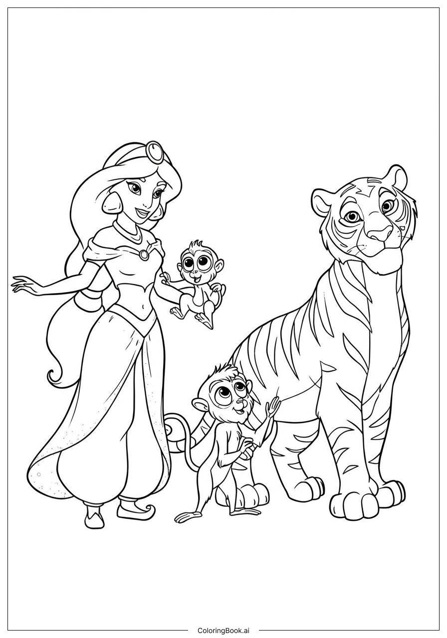 Jasmine With Abu And Rajah Coloring Page Free PDF PNG Printable 