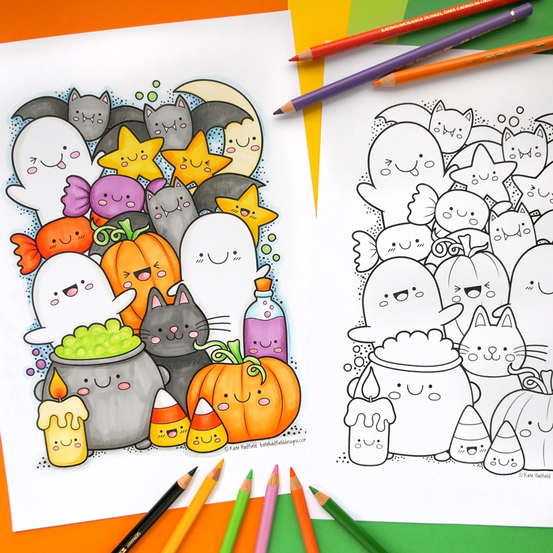 Kawaii Halloween Colouring Page Kate Hadfield Designs