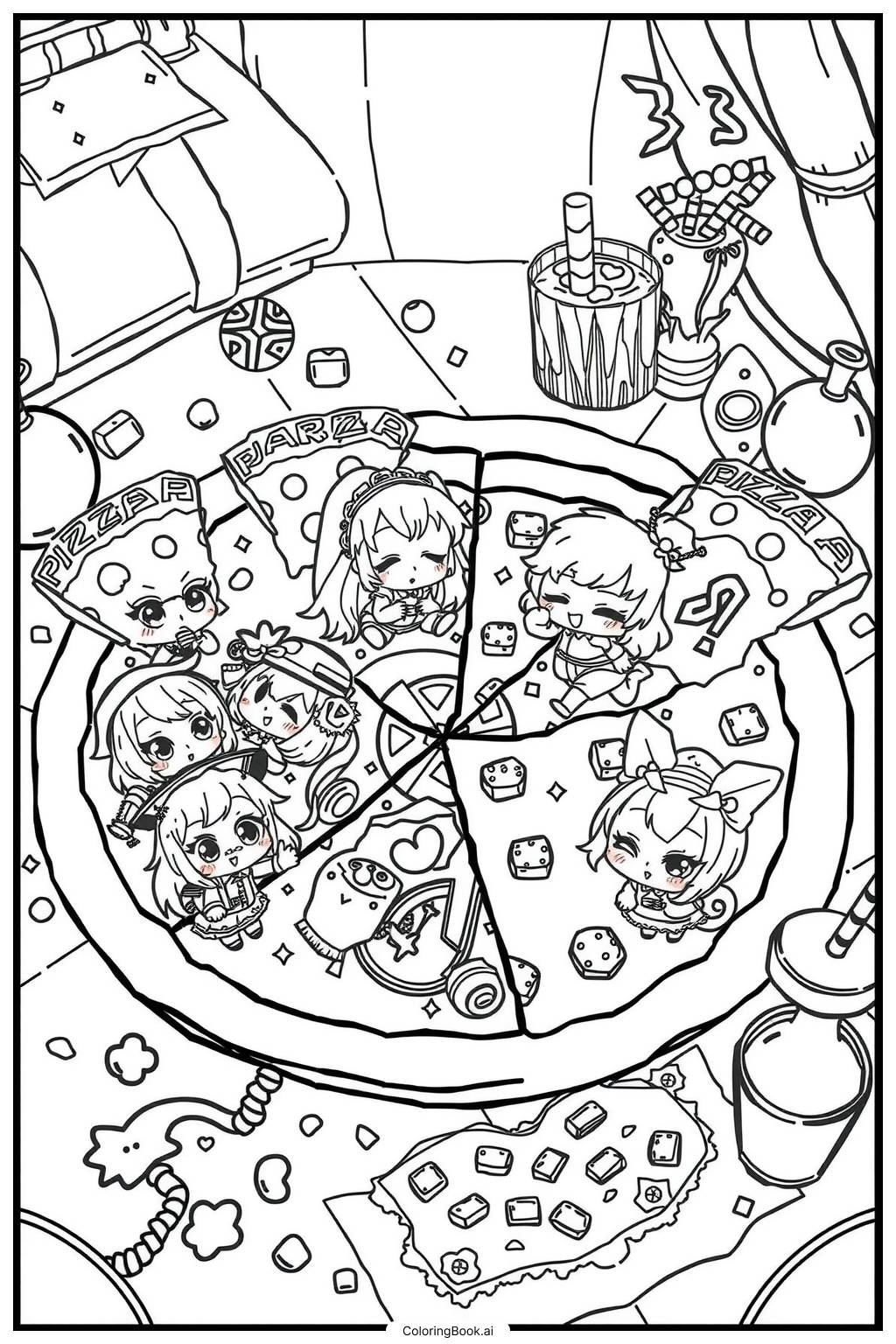 Kawaii Pizza Scene With Multiple Characters Coloring Page Free PDFu0026PNG Printable 