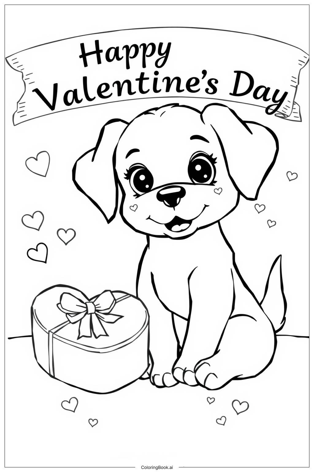 Kawaii Puppy With A Bow Coloring Page Free PDF PNG Printable 
