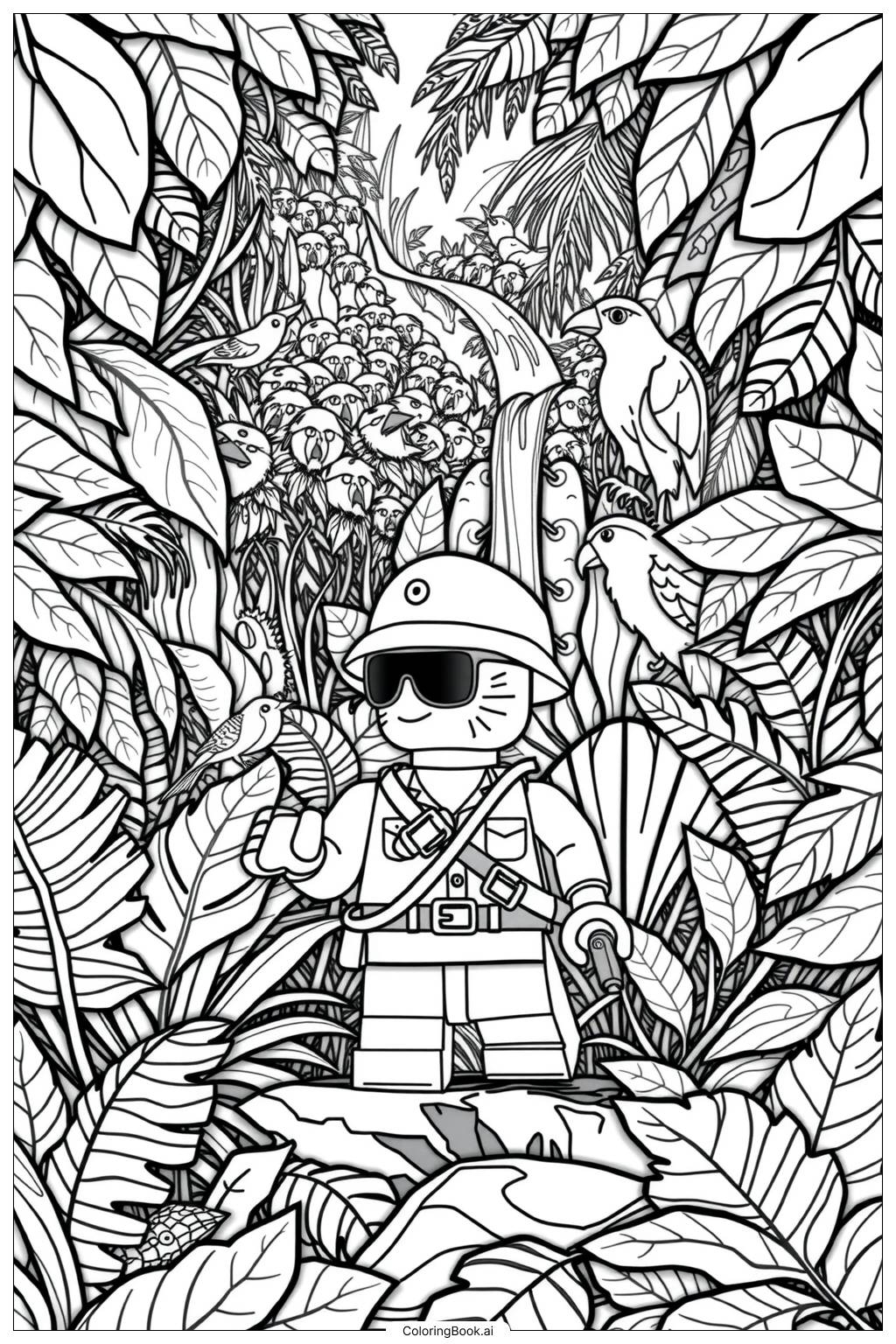 Lego Minifigure Exploring A Jungle Coloring Page Free PDF PNG Printable 