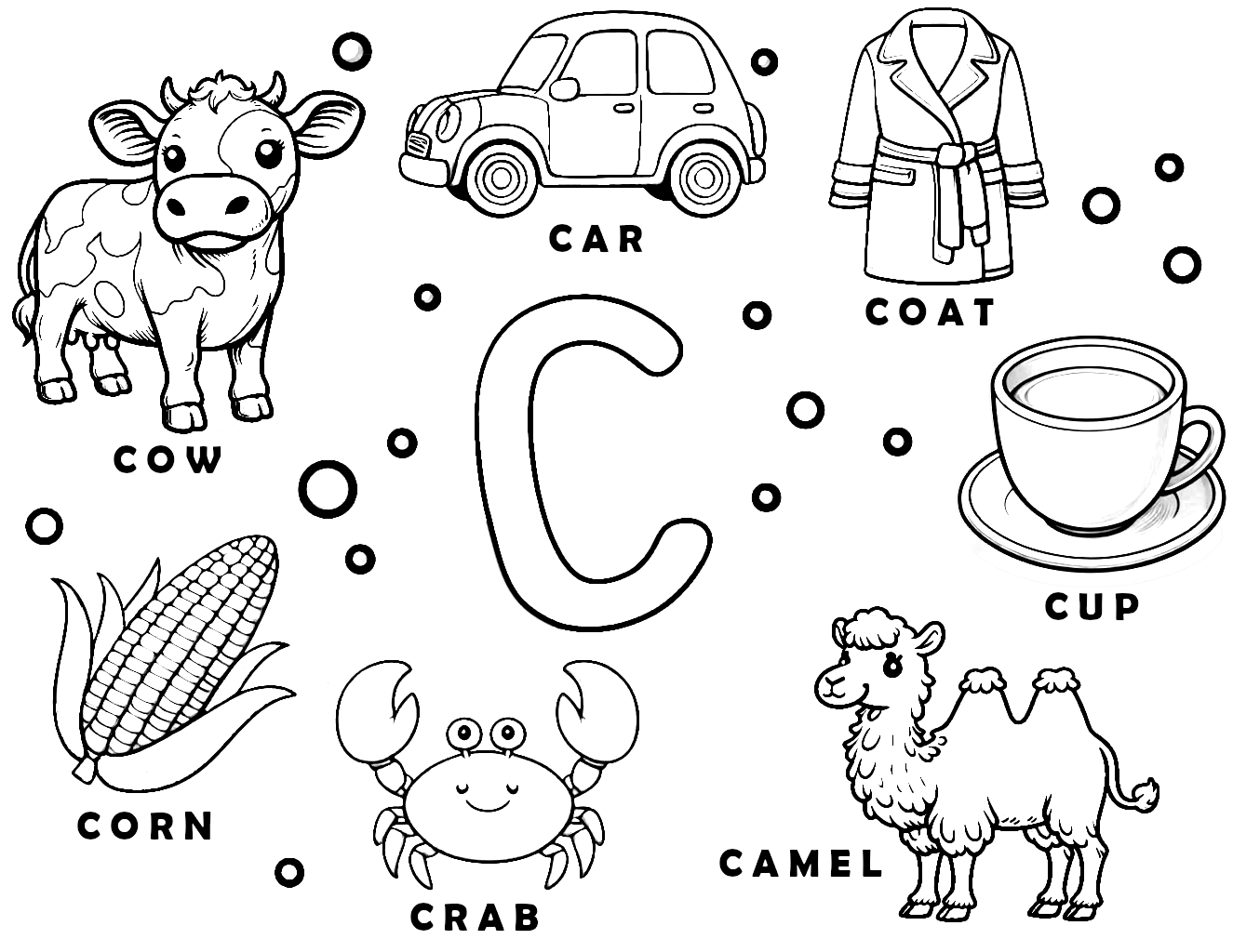 Letter C Words Learning Sheet Cow Car Coat Cup Camel Crab Corn Coloring