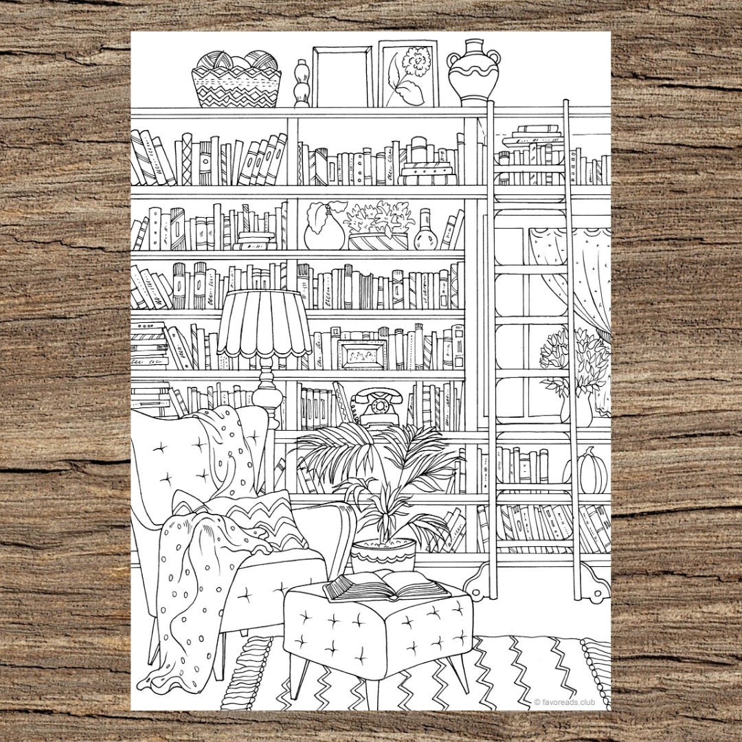 Library Printable Adult Coloring Page From Favoreads coloring Book Pages For Adults And Kids Coloring Sheets Colouring Designs Etsy