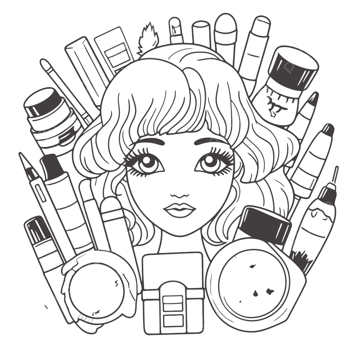 Makeup Coloring Pages An Old Lady Is Surrounded By Cosmetics In This Coloring Sheet Outline Sketch Drawing Vector Wing Drawing Ring Drawing Makeup Drawing PNG And Vector With Transparent Background For Free
