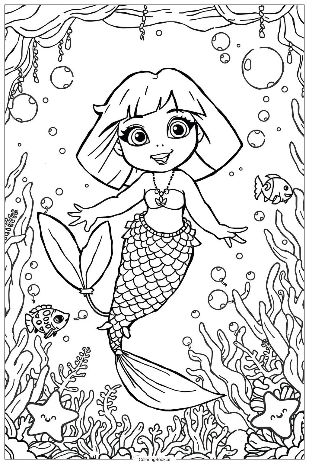 Mermaid Dora Explorer Coloring Page Free PDF PNG Printable 
