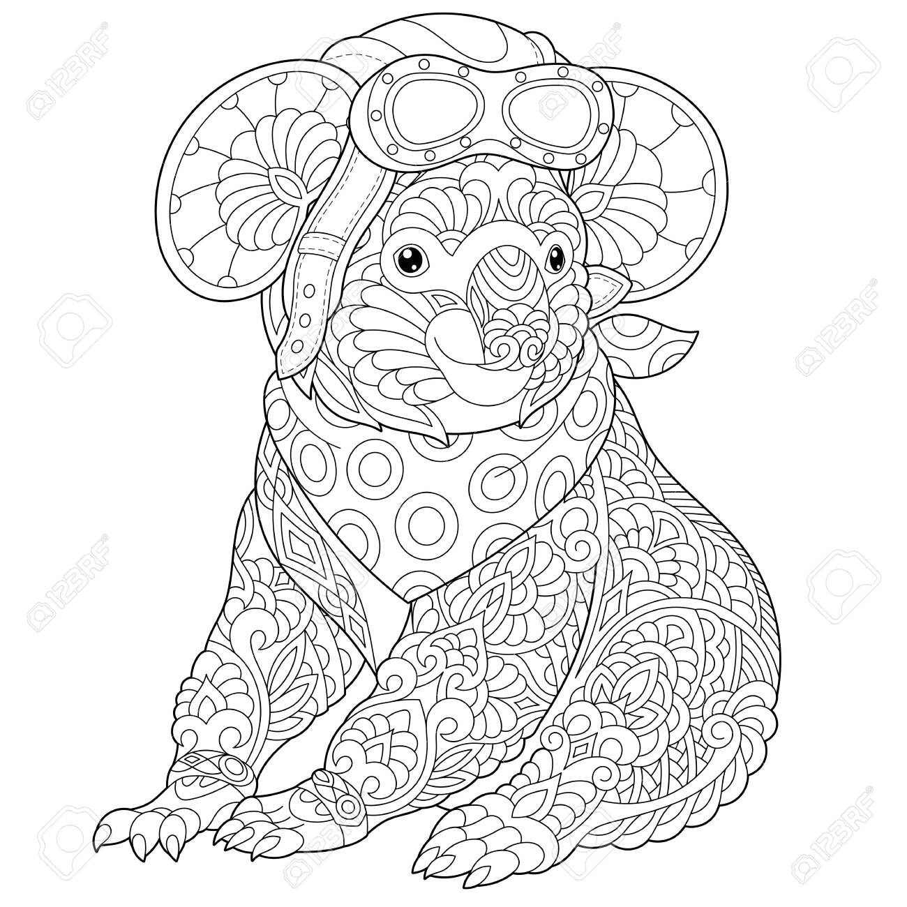 Monochrome Colouring Picture With Retro Pilot Koala Bear Freehand Coloring Page With Doodle Royalty Free SVG Cliparts Vectors And Stock Illustration Image 133791665 