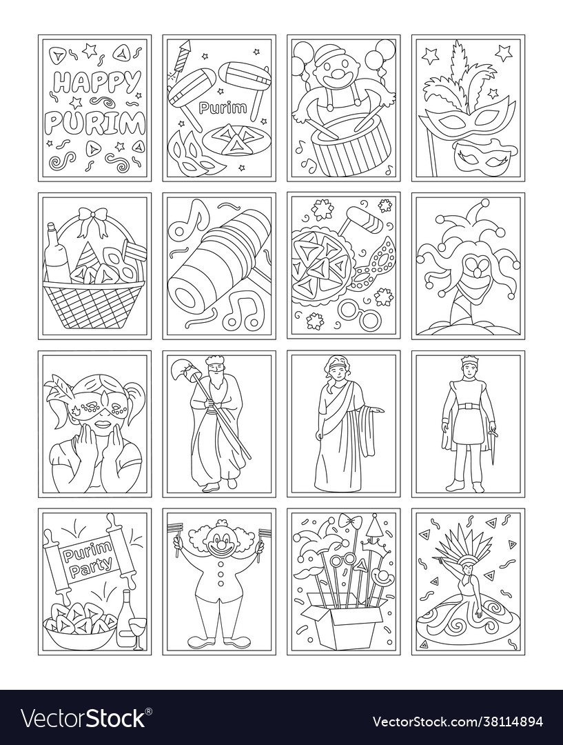 Pack Purim Coloring Pages Templates Royalty Free Vector
